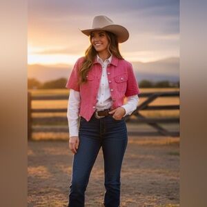 Vintage Pink Denim concho buttons crop Jacket blouse M western coastal boho